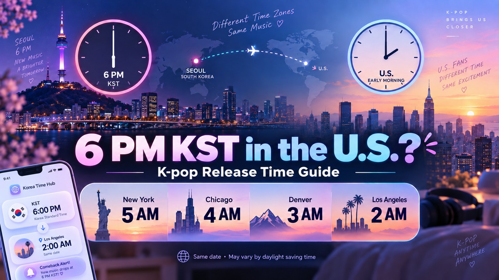 6 PM KST in the U.S., a K-pop release time guide: a 6 PM KST comeback is 5 AM in New York, 4 AM in Chicago, 3 AM in Denver and 2 AM in Los Angeles, on the same date (times may shift one hour with daylight saving time).