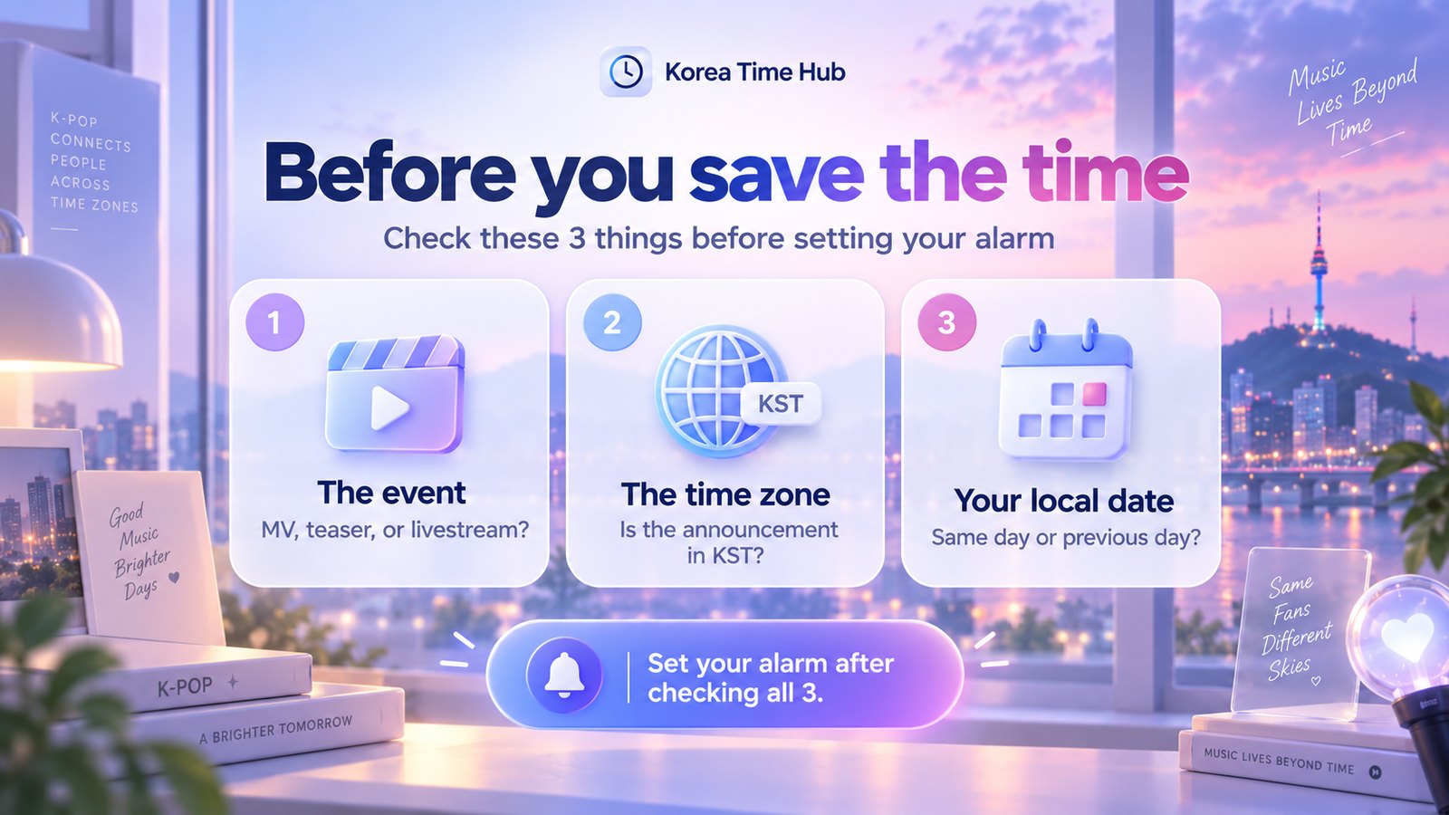 Before setting a comeback alarm, check three things: the event type (music video, teaser, or livestream), whether the announced time is in KST, and whether it is the same day or the previous day in your local time.