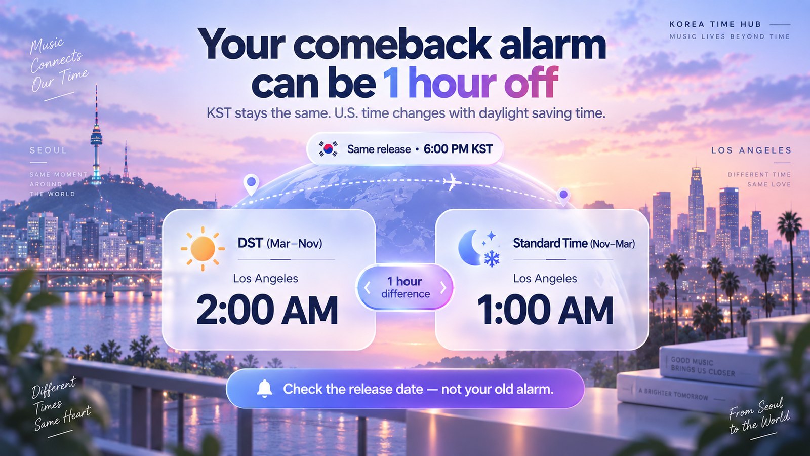 A 6 PM KST release in Los Angeles is 2:00 AM during daylight saving time (March to November) and 1:00 AM during standard time (November to March) — a one hour difference, because Korea has no daylight saving time and the U.S. does.