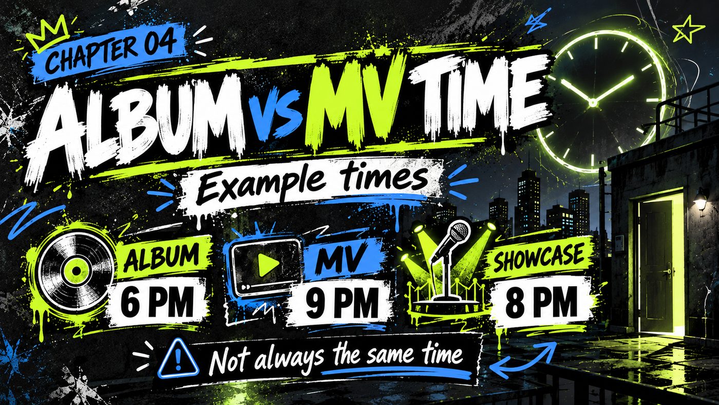 A comeback’s album, music video and showcase can release at different times — example: album 6 PM, showcase 8 PM, MV 9 PM.