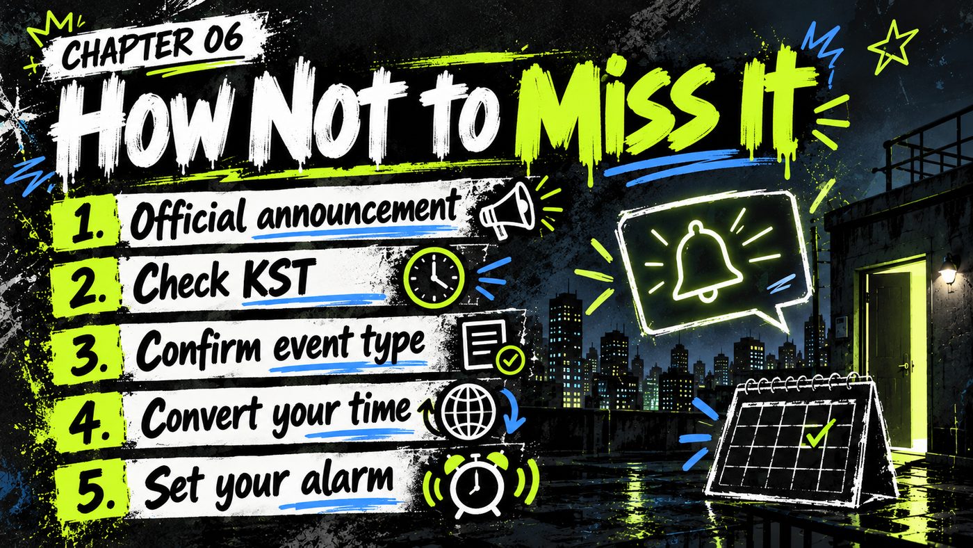 How not to miss a comeback — 1) official announcement 2) check KST 3) confirm event type 4) convert your time 5) set your alarm.
