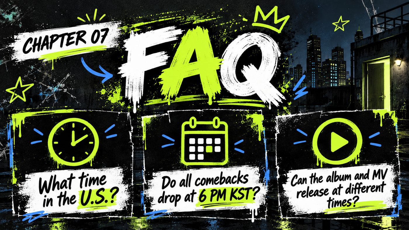 Comeback timing FAQ — what time in the U.S., do all comebacks drop at 6 PM KST, can the album and MV release at different times.