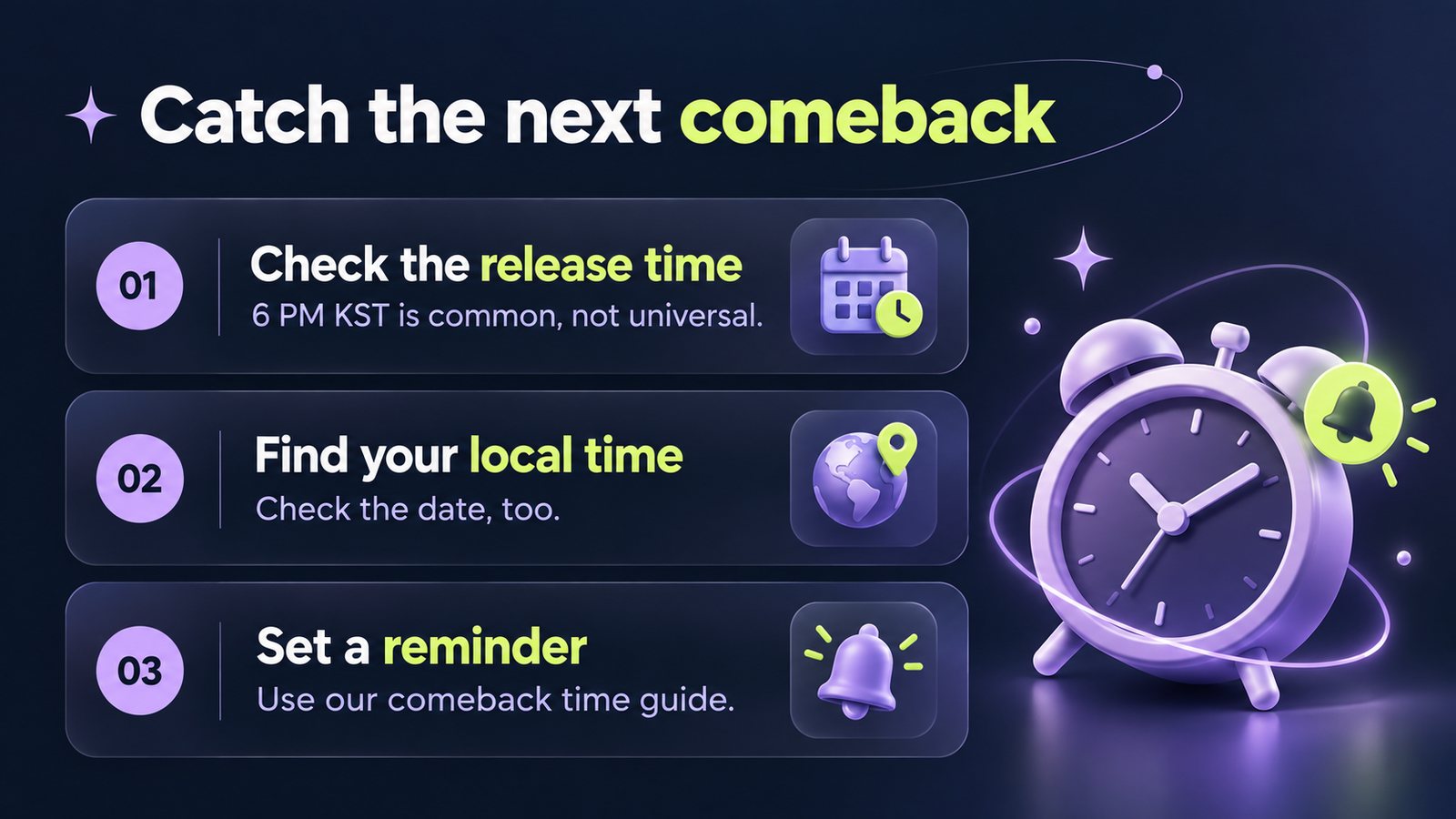 Catch the next comeback: check the release time, find your local time, set a reminder.