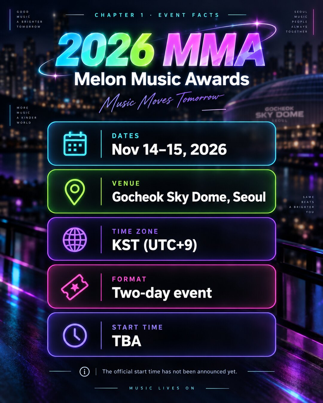 2026 MMA event facts: Nov 14–15, 2026, Gocheok Sky Dome in Seoul, time zone KST (UTC+9), two-day event, start time TBA.
