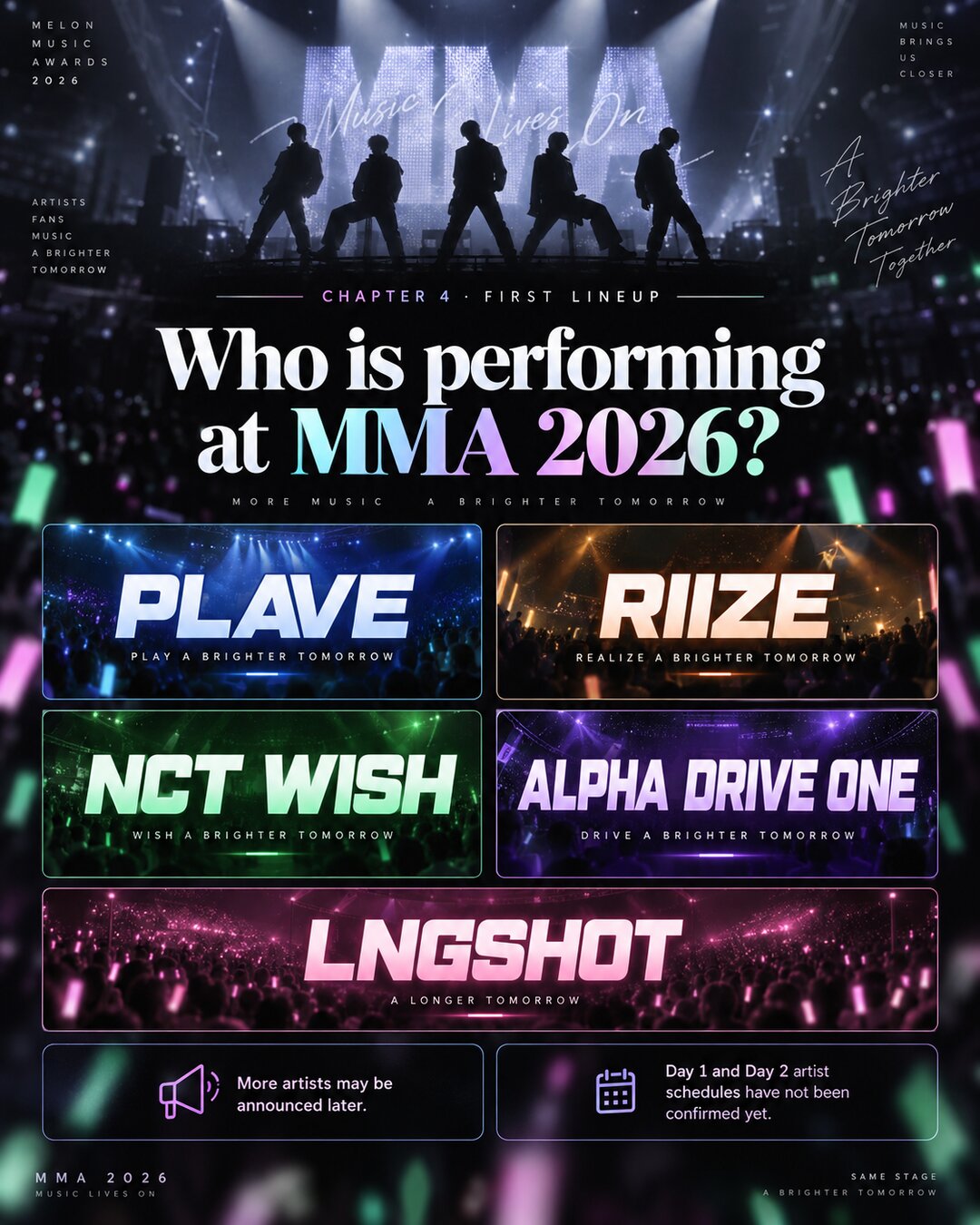 First announced MMA 2026 lineup: PLAVE, RIIZE, NCT WISH, ALPHA DRIVE ONE, and LNGSHOT. More artists may be announced later; Day 1 and Day 2 schedules are not yet confirmed.