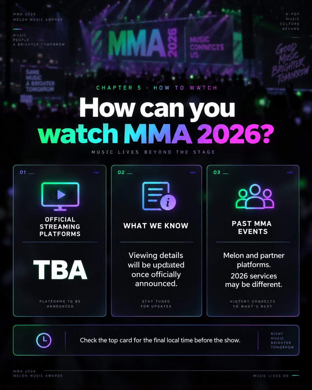 How to watch MMA 2026: official streaming platforms TBA; viewing details will be updated once announced; past MMA events streamed on Melon and partner platforms.