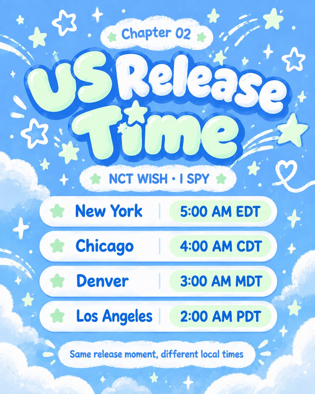 NCT WISH I SPY US release times on October 12 — New York 5 AM EDT, Chicago 4 AM CDT, Denver 3 AM MDT, Los Angeles 2 AM PDT (from 6 PM KST).