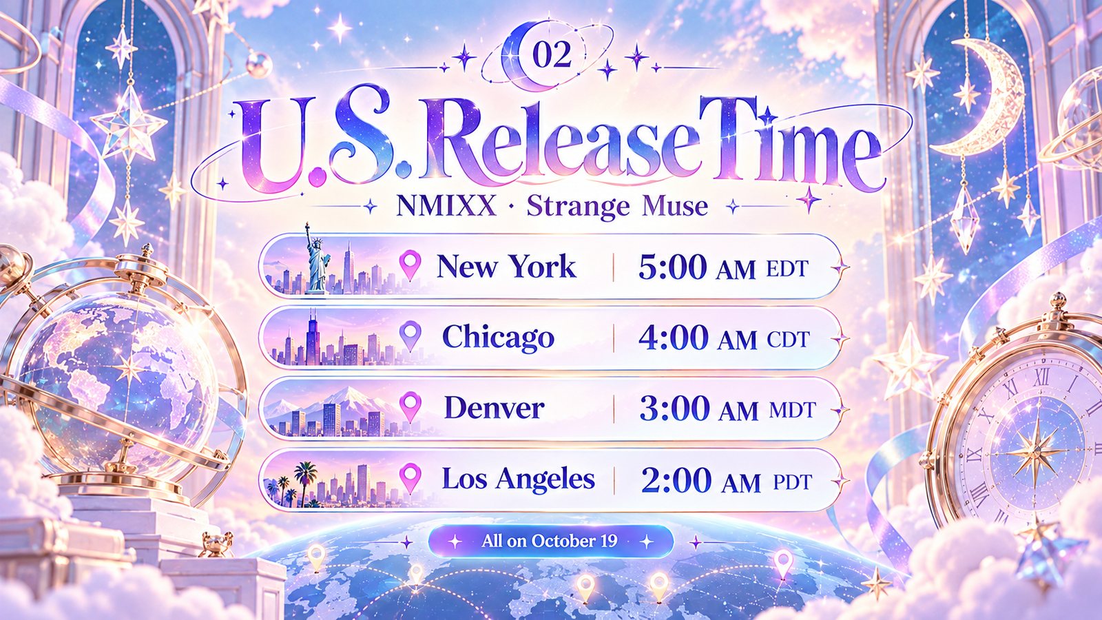 NMIXX Strange Muse US release times on October 19 — New York 5 AM EDT, Chicago 4 AM CDT, Denver 3 AM MDT, Los Angeles 2 AM PDT.