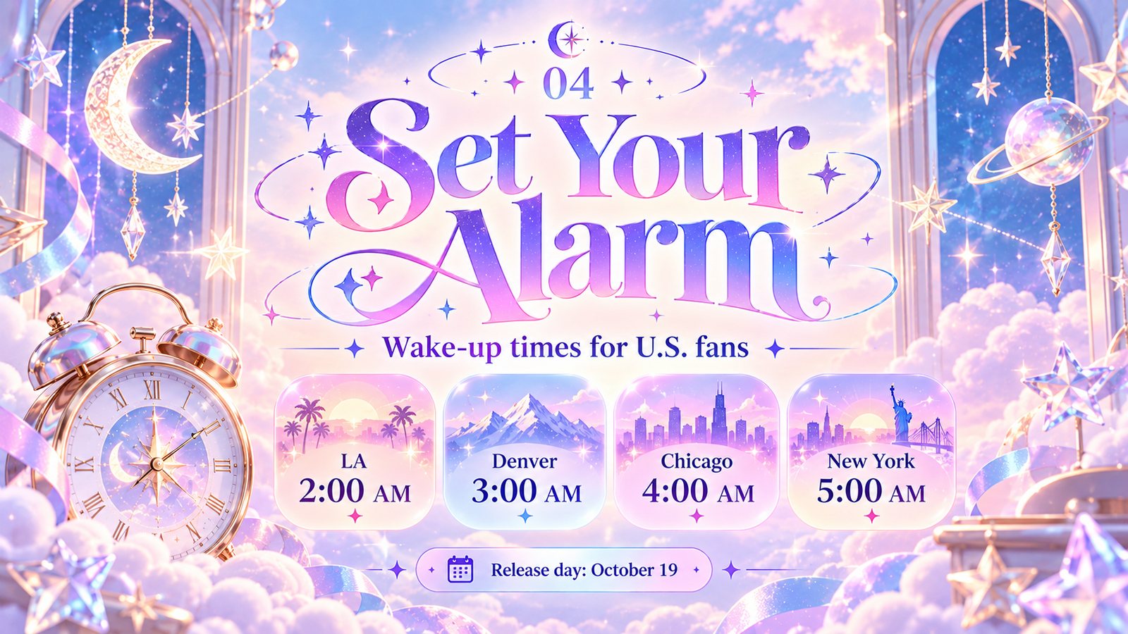 Set your alarm for NMIXX Strange Muse — US wake-up times on October 19: LA 2 AM, Denver 3 AM, Chicago 4 AM, New York 5 AM.
