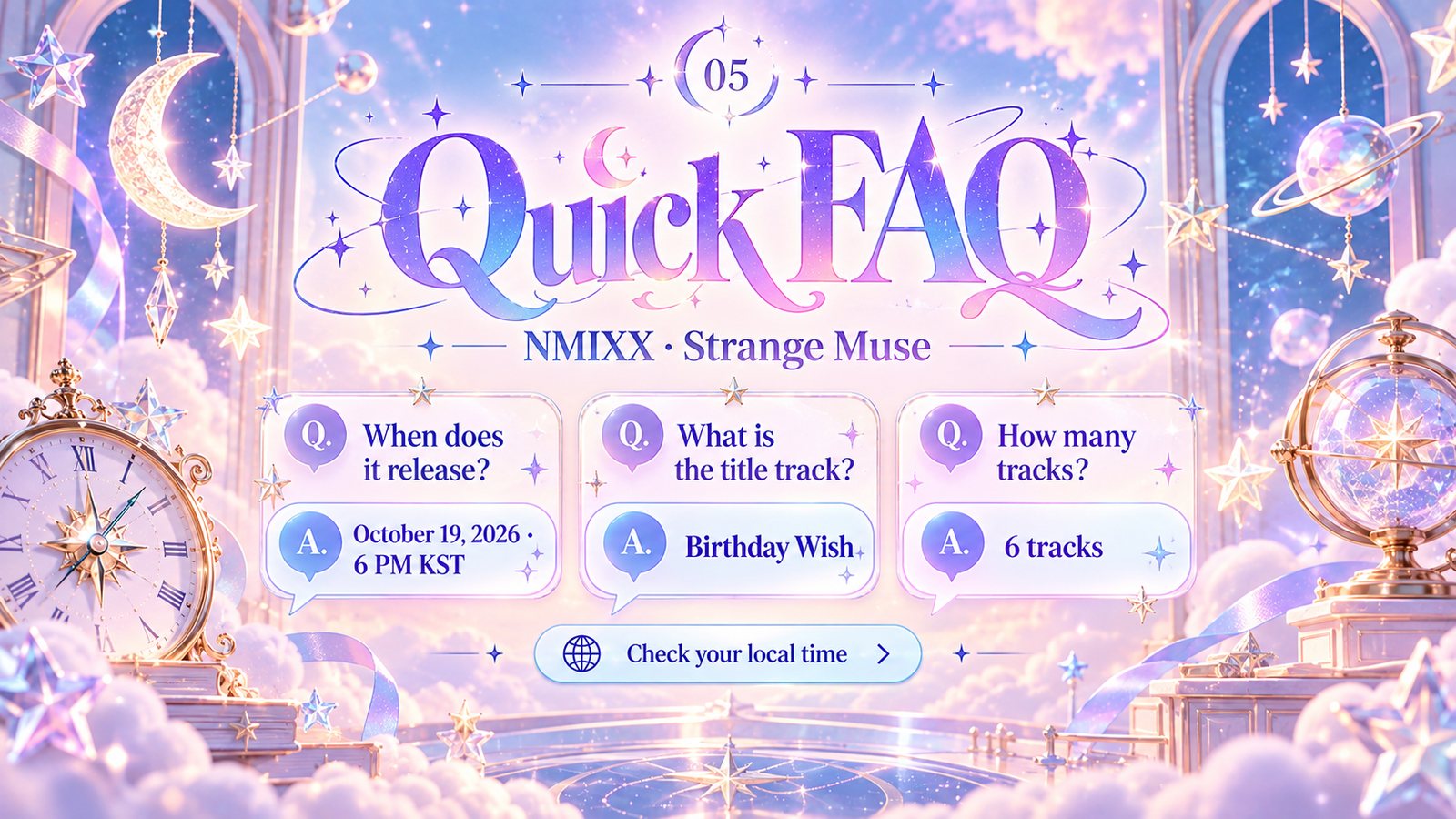NMIXX Strange Muse quick FAQ: releases Oct 19, 2026 at 6 PM KST; title track Birthday Wish; 6 tracks.